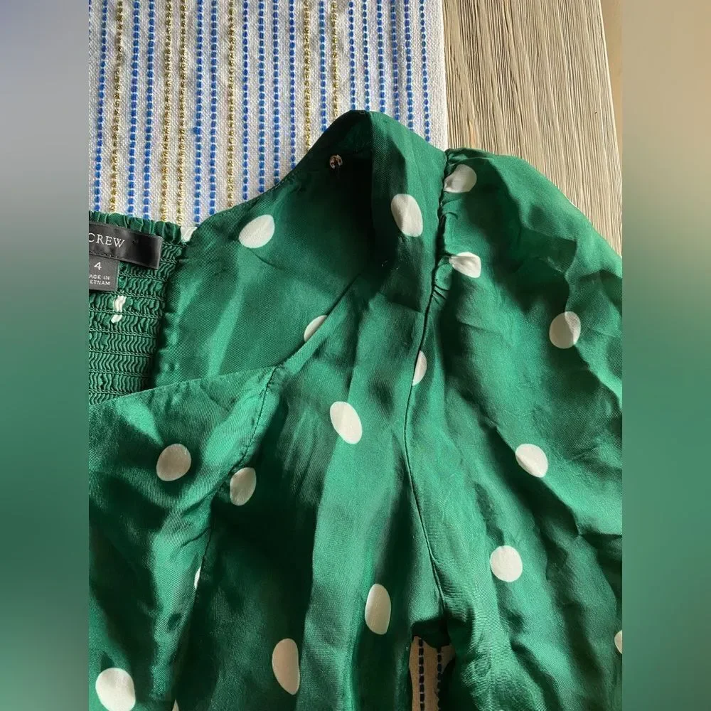 J Crew Midi Dress Women's Green White Polka Dot Long Sleeve  Sweetheart Sz 4